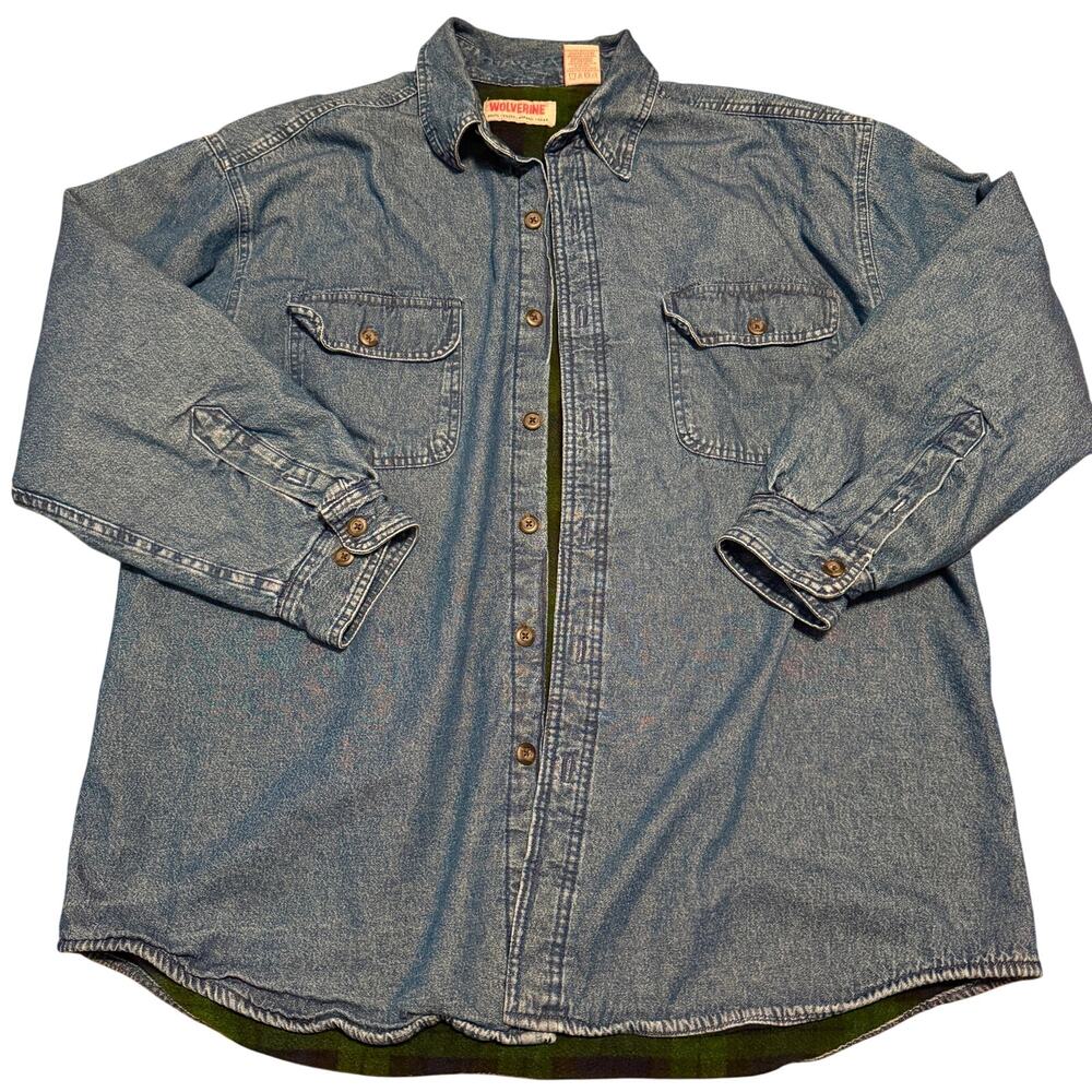 Vintage Wolverine Fleece Lined Denim Shirt Jacket Men's XL Plaid Lined Shaket